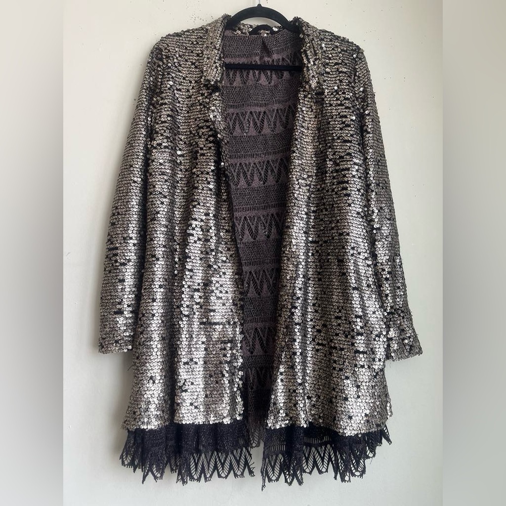 Free People Silver Sequin Open Front Jacket with Black Lace Trim